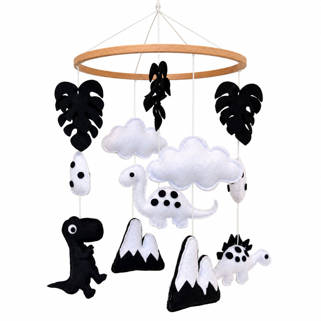 VLOKUP black and white dinosaur baby mobile with felt dinosaurs and beech wood hoop