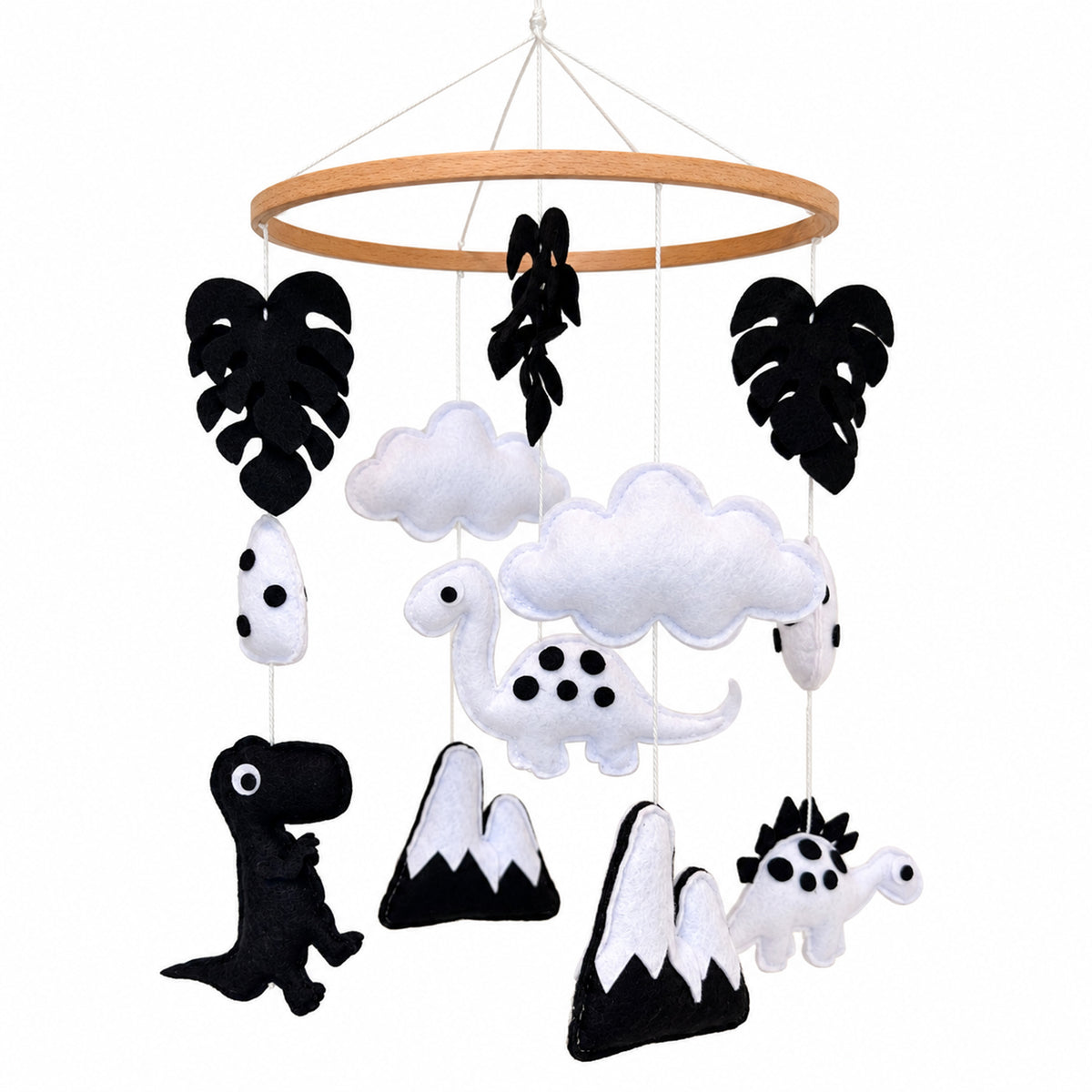 VLOKUP black and white dinosaur baby mobile with felt dinosaurs and beech wood hoop