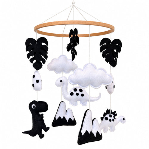 VLOKUP black and white dinosaur baby mobile with felt dinosaurs and beech wood hoop