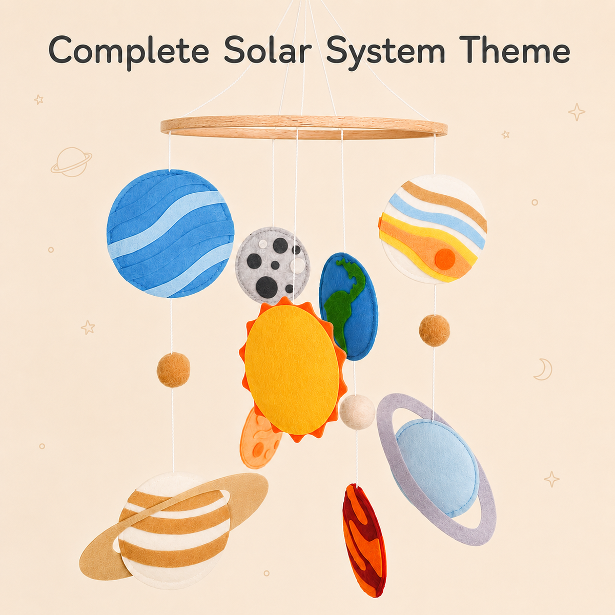 Colorful felt solar system baby mobile with planets