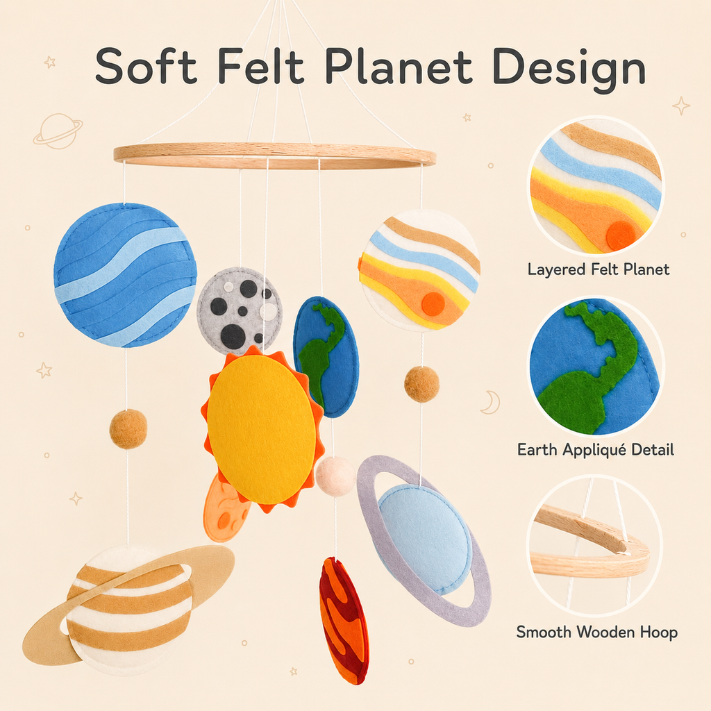 Close-up of felt planet details and natural beech wood hoop