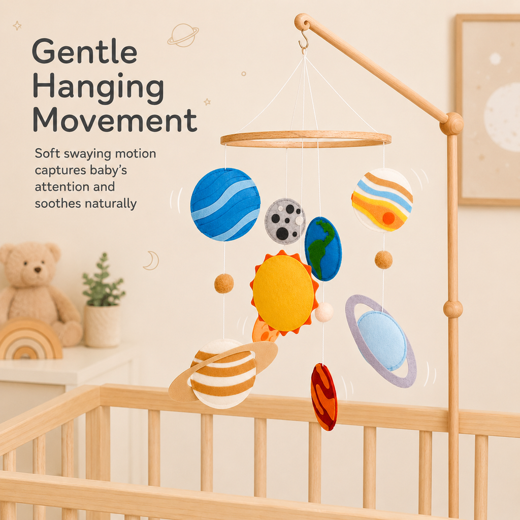 Felt planet baby mobile with hanging solar system shapes
