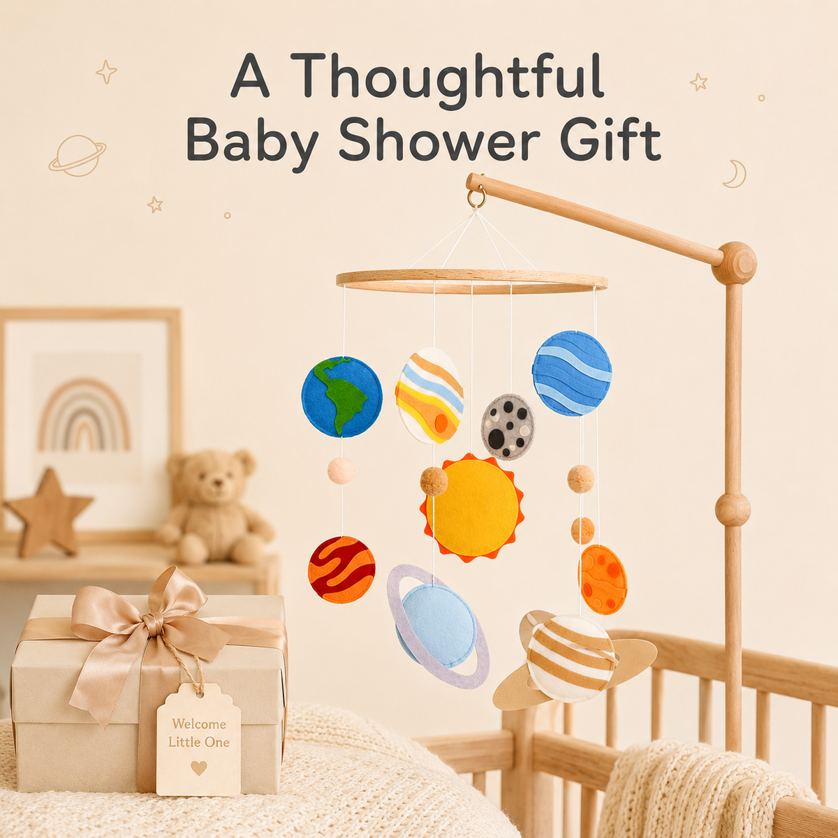 Space themed baby mobile shown as a nursery gift