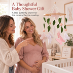 Butterfly baby mobile shown in a baby shower nursery scene