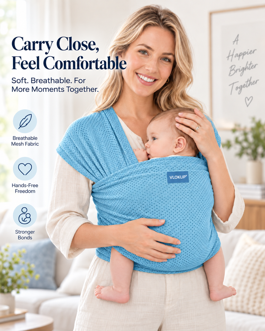 VLOKUP Lake Blue breathable mesh baby wrap worn by mother with baby