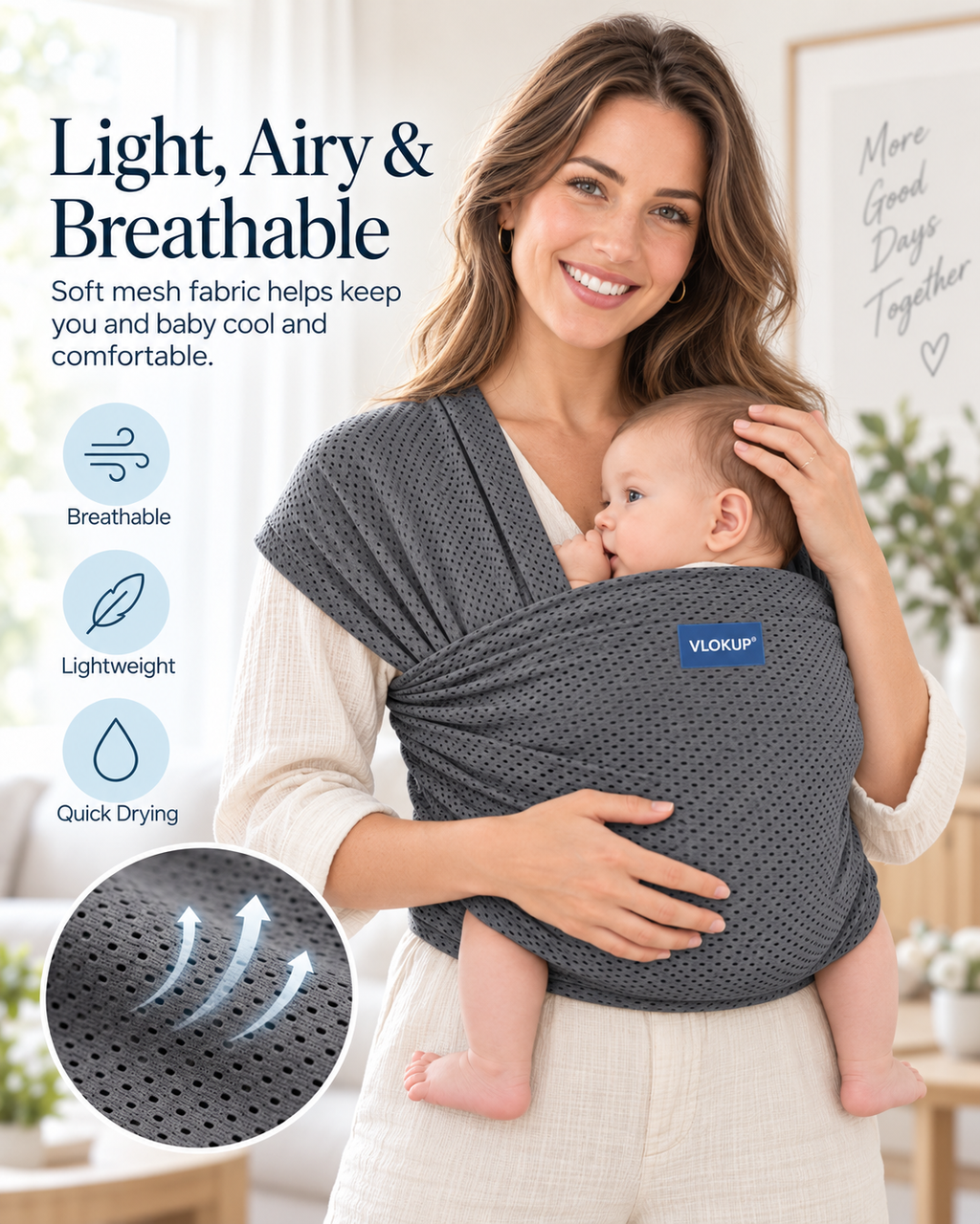 VLOKUP breathable mesh baby wrap showing lightweight ventilated fabric