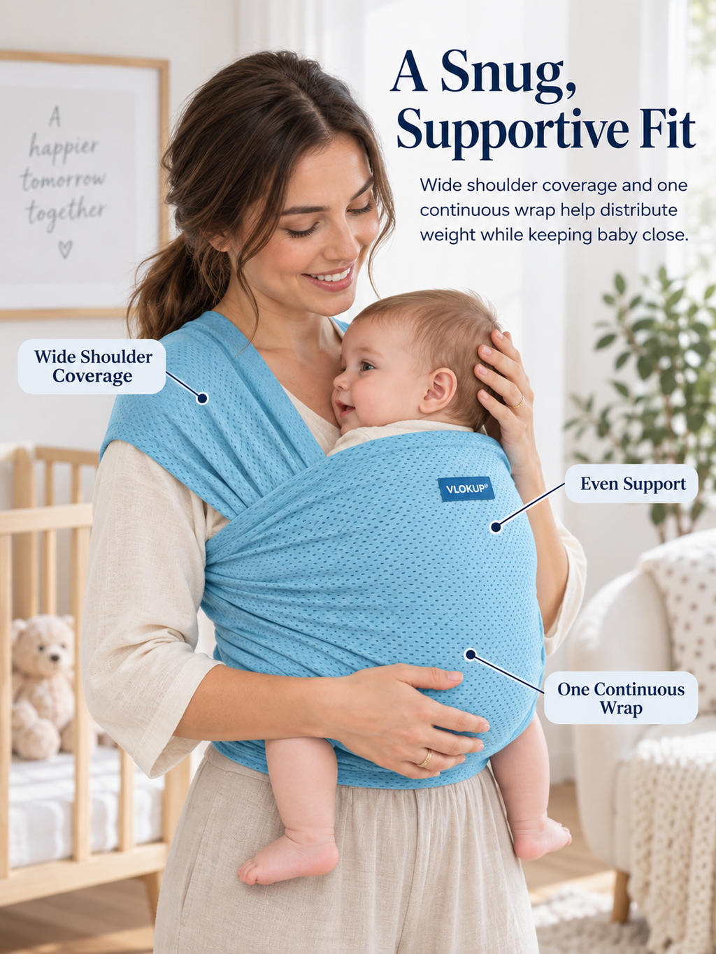VLOKUP Lake Blue baby wrap showing wide shoulder coverage and supportive fit
