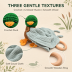 Mallard Duck Lovey crochet gauze cloth and smooth wooden ring textures