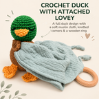 Complete crochet mallard duck attached to soft cotton muslin lovey
