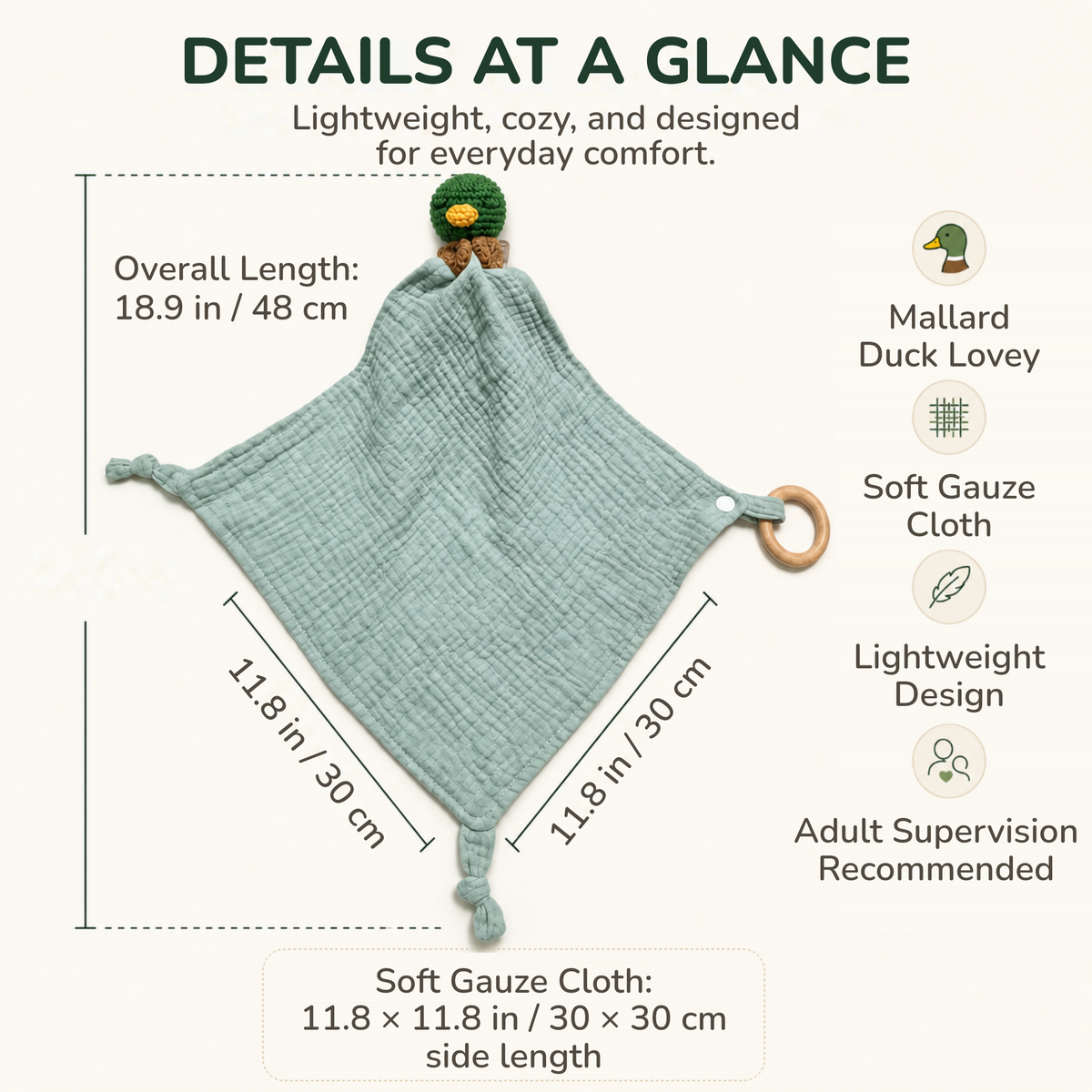 Mallard Duck Lovey size 48 cm with 30 x 30 cm cotton muslin cloth