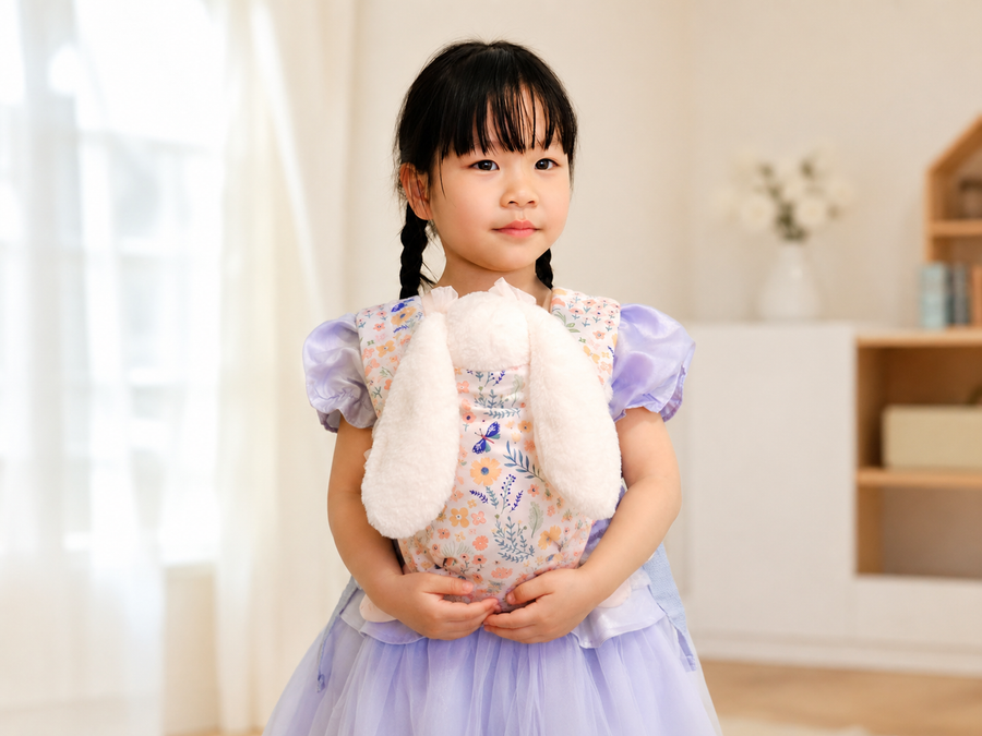 Child wearing a floral baby doll carrier