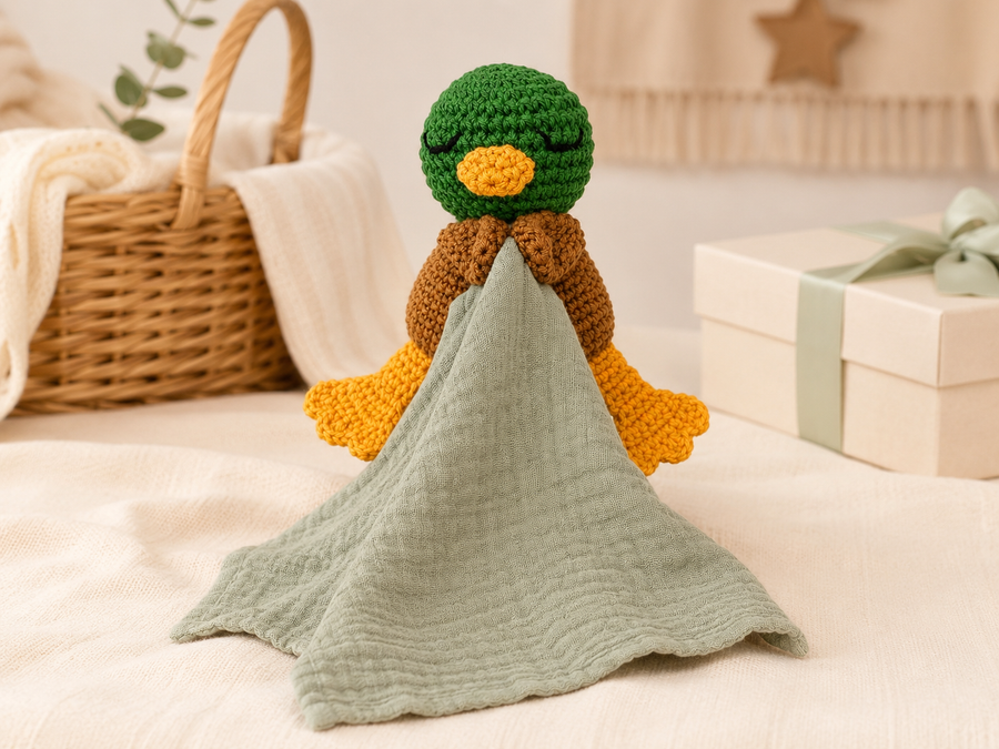 Soft crochet lovey arranged as a baby gift