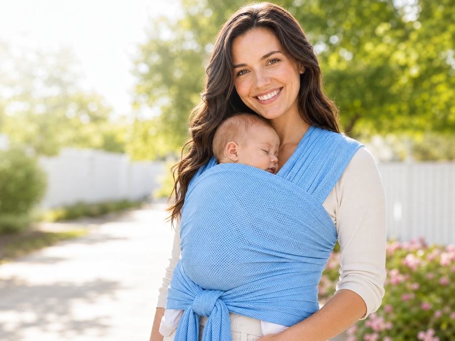 Soft water wrap carrying a sleeping baby