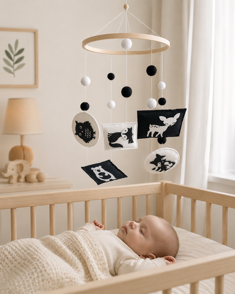 Baby resting in a nursery beneath a soft mobile