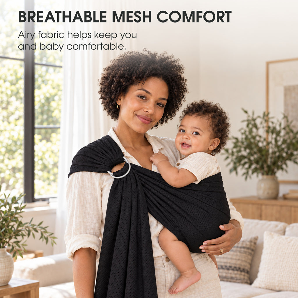 A mother carrying her baby in a black mesh ring sling, with text about breathable comfort
