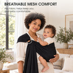 A mother carrying her baby in a black mesh ring sling, with text about breathable comfort