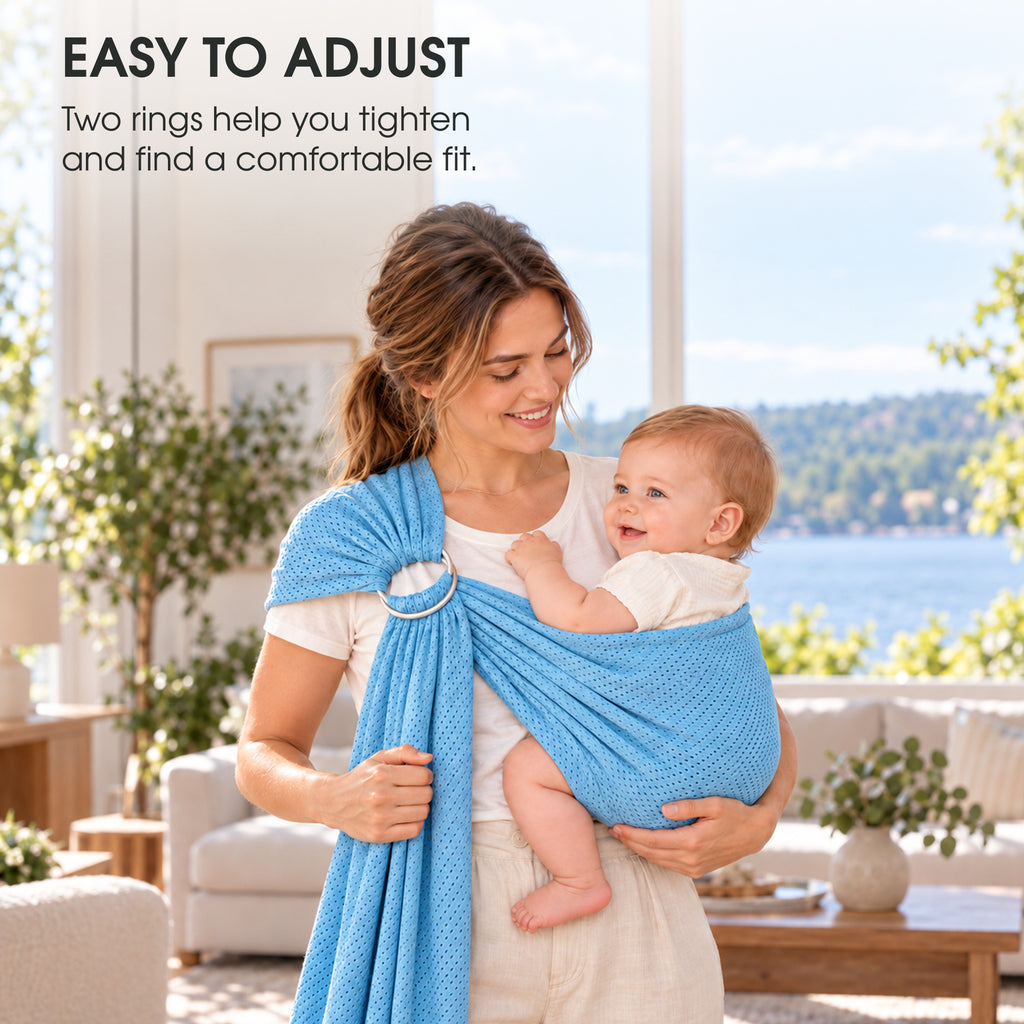 A mother carrying her baby in a lake blue ring sling, with text about easy adjustment