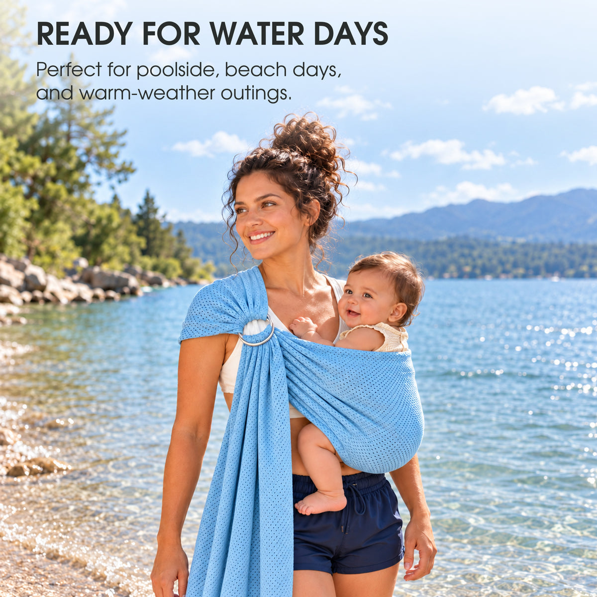 A mother carrying her baby in a lake blue ring sling beside the water, with text about warm-weather outings