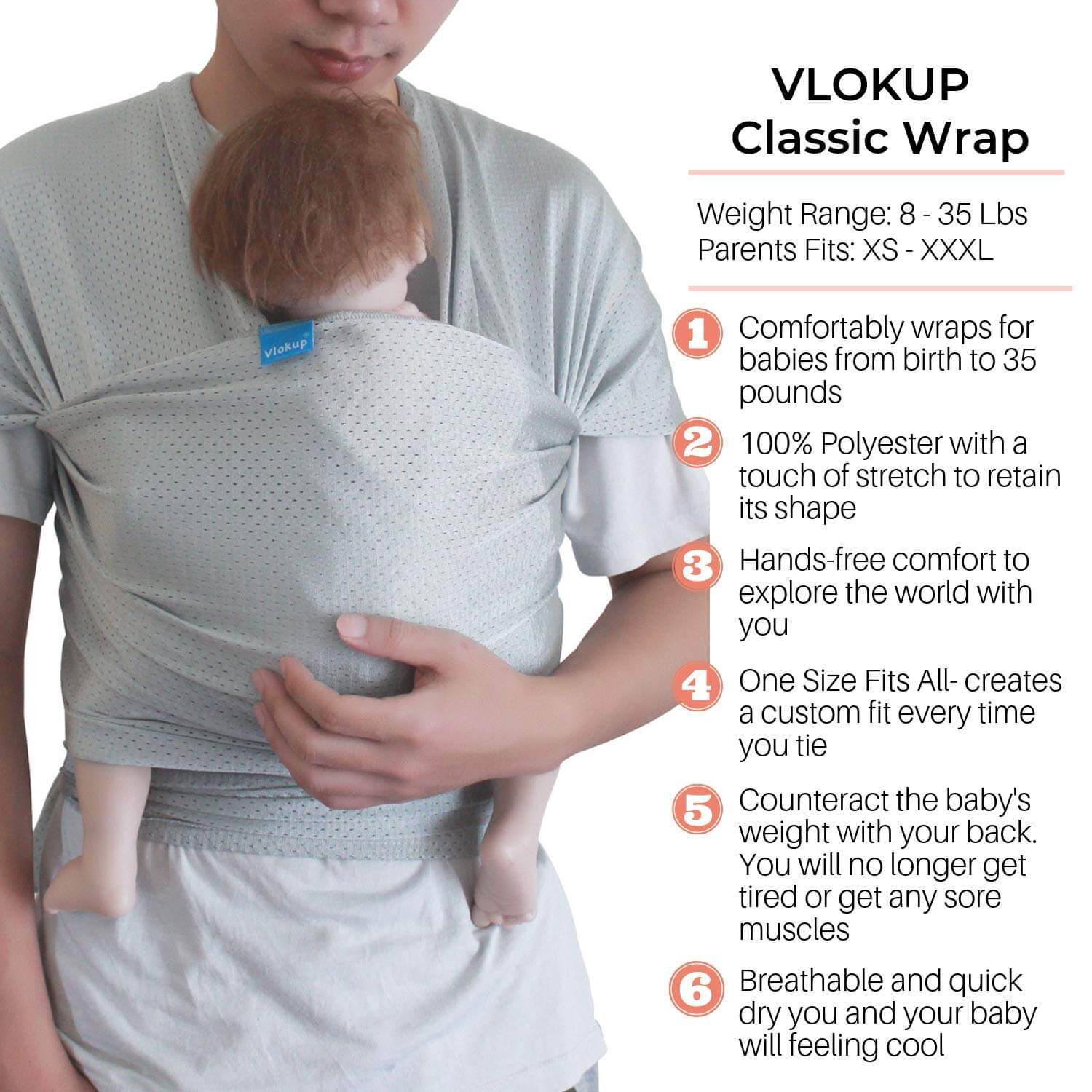 Vlokup Baby Wrap Water Sling Carrier Light Gray